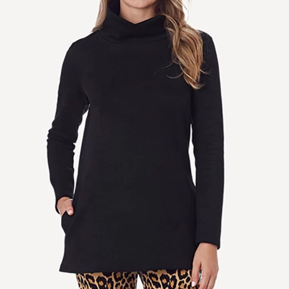 Jude Connally Sawyer Faux Suede Top Tunic Mock Cowl Neck Pockets Black‎ Small